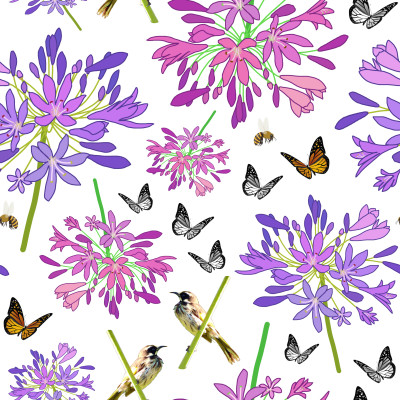 Delicate Pink and Purple Floral with Birds and Butterflies