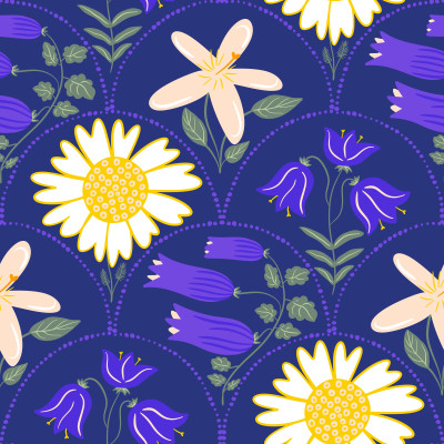 Meadow wildflowers daisies bluebells on navy blue