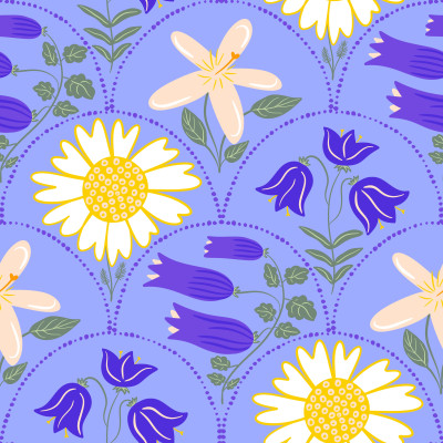 Coastal wild flora daisies bluebells on blue