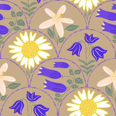 Daisies bluebells and lemon flowers on mocha brown