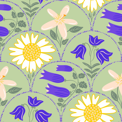 Mediterranean flora bluebell daisy lemon flower summer on natural green