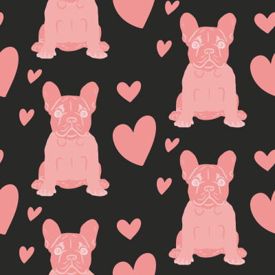 Coral pink french bulldog pet puppy dog on black with hearts