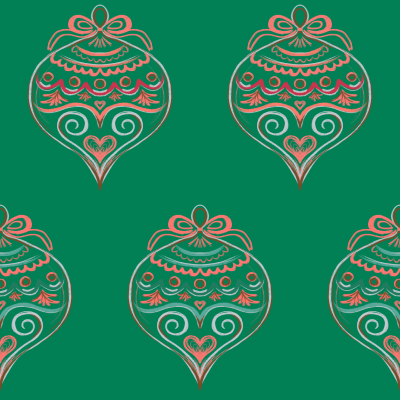 Folk art hand drawn Christmas vintage bauble ornaments on green  with bow