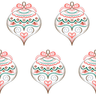 Folk art hand drawn Christmas bauble ornaments on white with bow