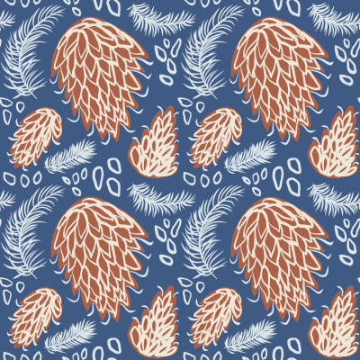 Pine cones and twigs on navy blue winter pattern