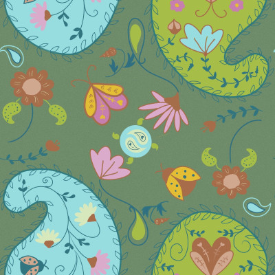 Whimsical Floral Paisley in dark green background with Spring Summer Colors and Playful Hand-Drawn Details
