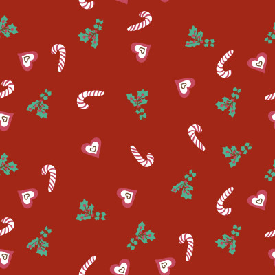 Candy cane, holy leaves and hearts on red festive Christmas non directional