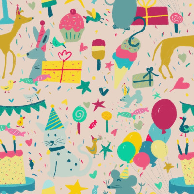 Playful Whimsical Birthday Celebration Pattern with Balloons Cakes &Animals