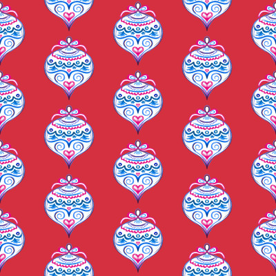 Hand drawing blue modern Christmas ornaments on red