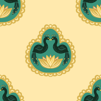 Peacocks and lotus in green on butter yellow