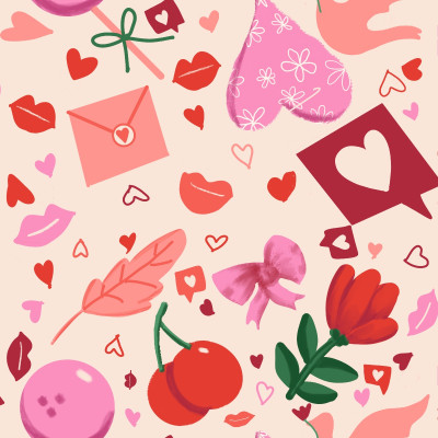 Half Drop Romantic Valentines Day Pattern with Hearts Roses and Love Motifs