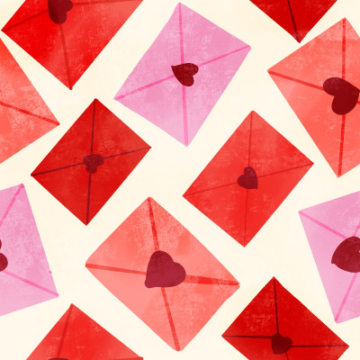 Tossed Love Letter Envelopes Valentines Day Pattern in pink red and peach