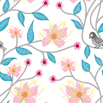 Blue Leaves and Pink Blossoms with Bird